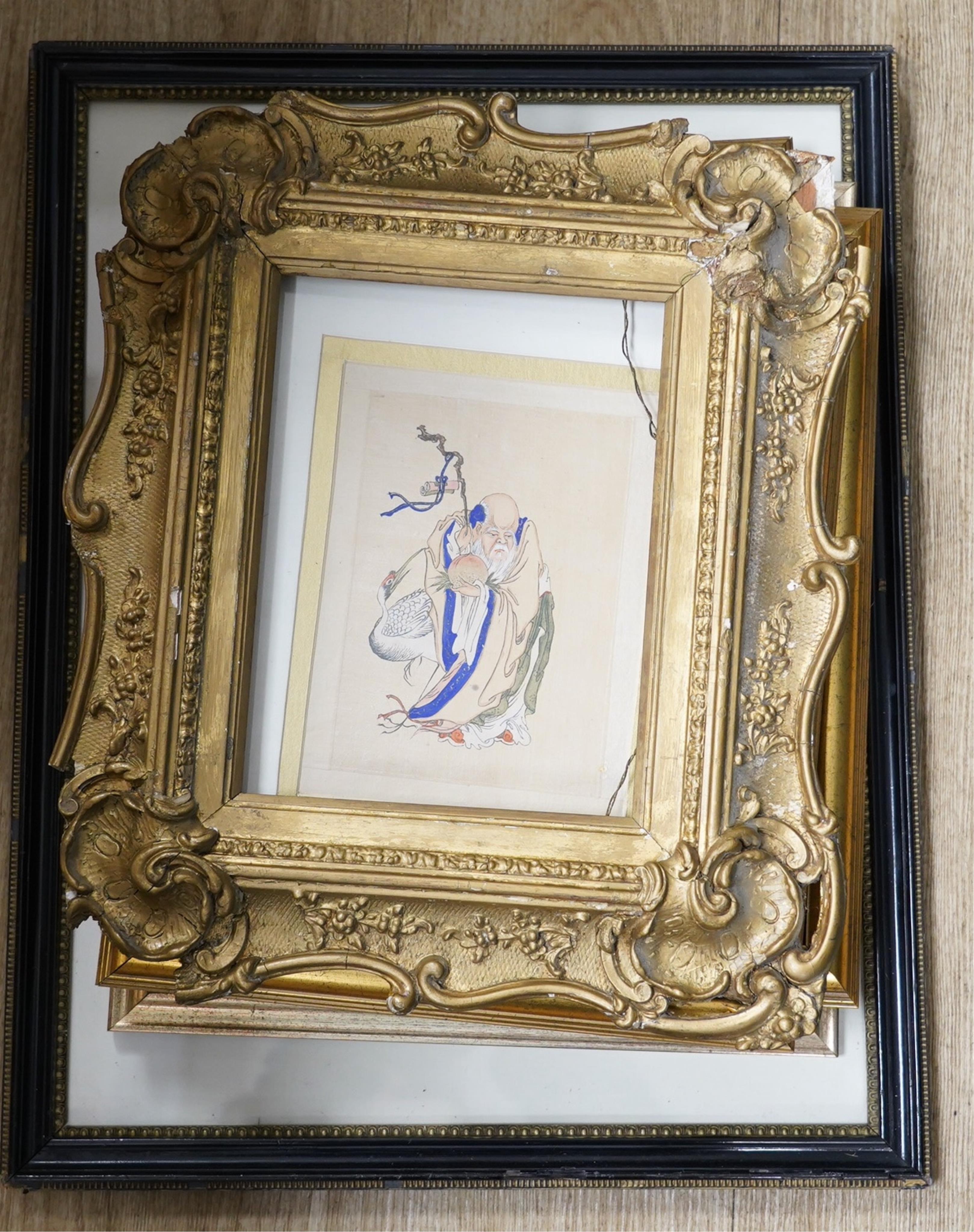 A collection of works comprising, a set of three Chinese watercolours on silk, Figural studies, a 19th century, Norwich School monochrome watercolour, Study of trees and an engraving after Titian, together with a gilt fr